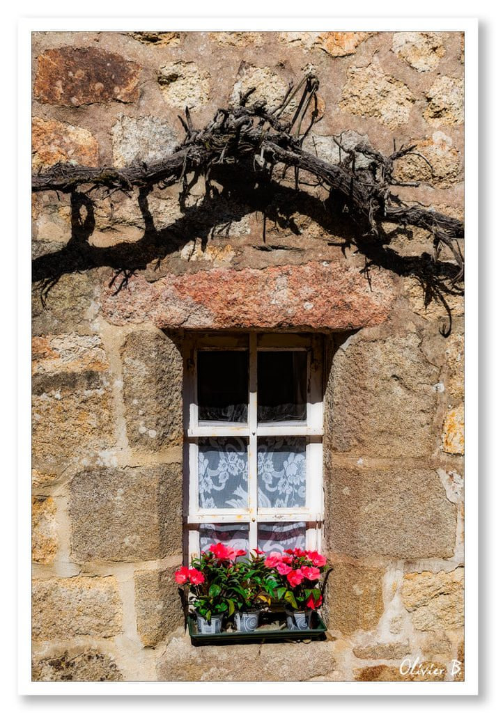 Fenêtre en granit dans une maison traditionnelle bretonne entourée de fleurs