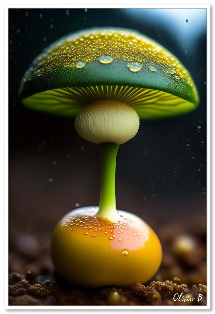 Exploration d'un champignon magique sous une pluie enchantée, fruit de l'intelligence artificielle