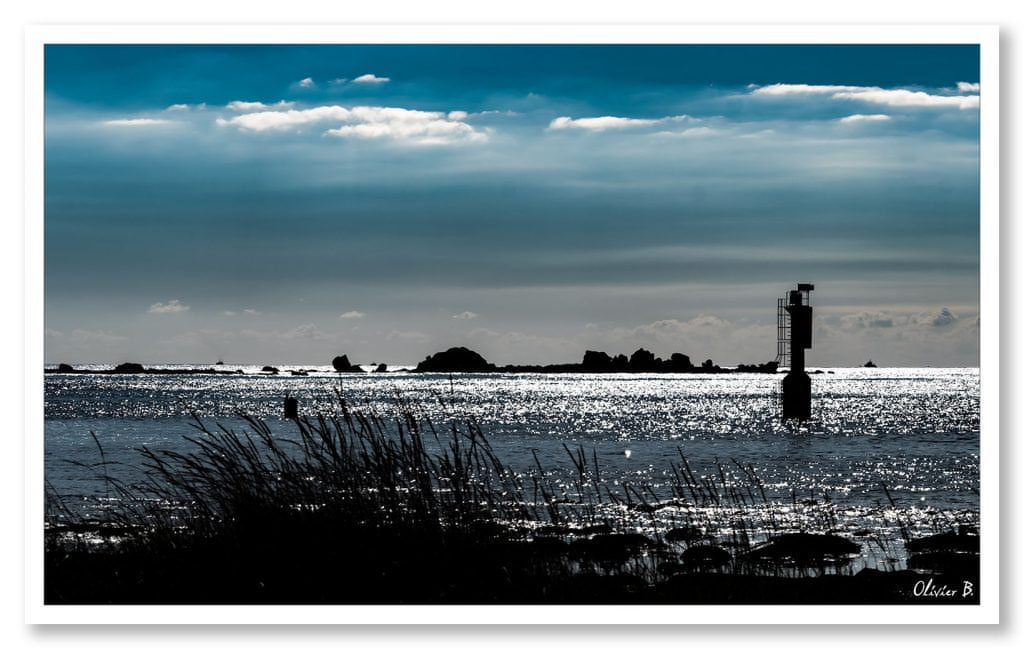 Contre-jour sur des roseaux, îlots de granit et mer d'argent et réflexion du soleil pour un instant magique