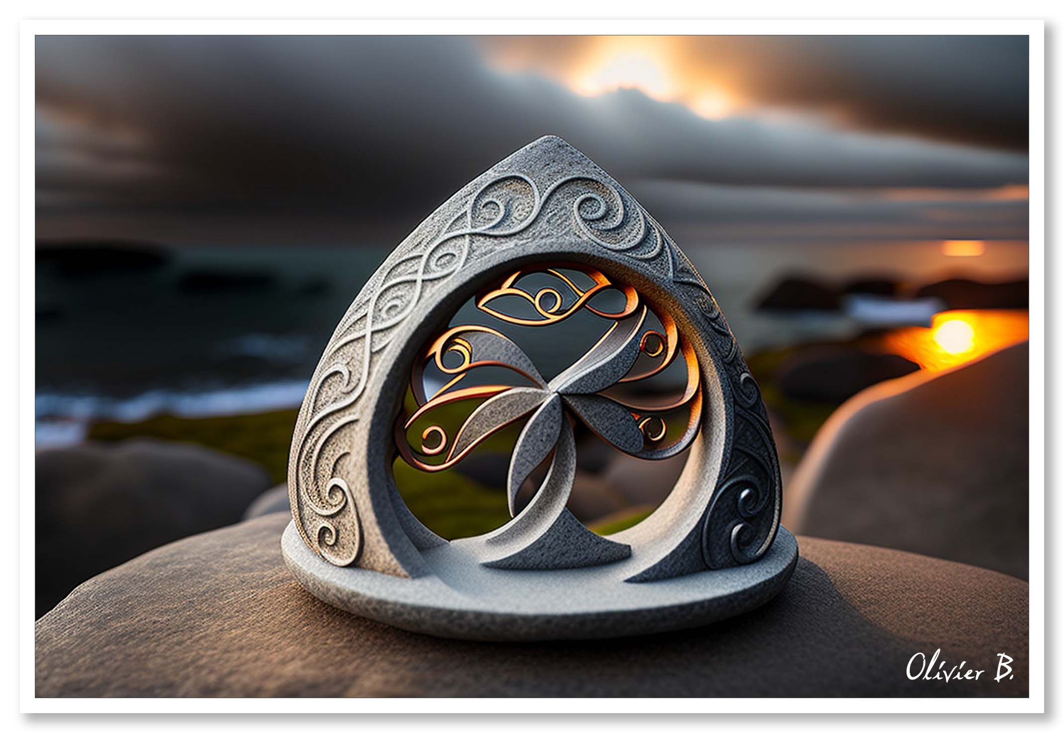 Un magnifique coucher de soleil éclaire une sculpture en granit représentant l'Arbre de vie celtique, créée avec l'intelligence artificielle