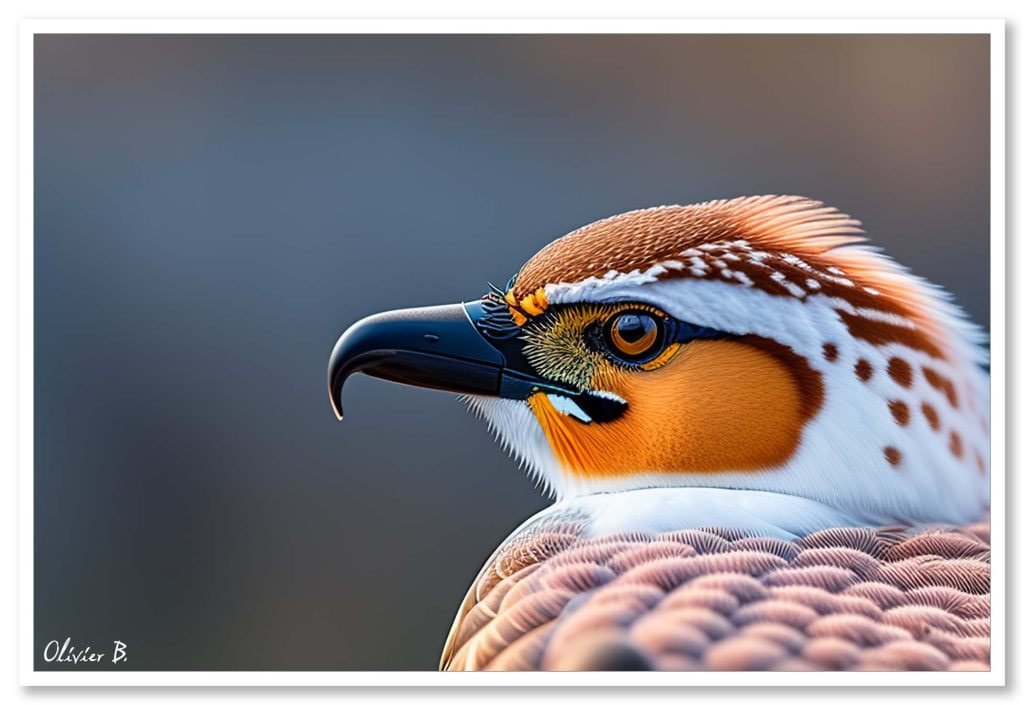 Profil d'un Rapace Imaginaire - Oiseau d'exception à la tête blanche et masque orange vibrant, créé par l'IA