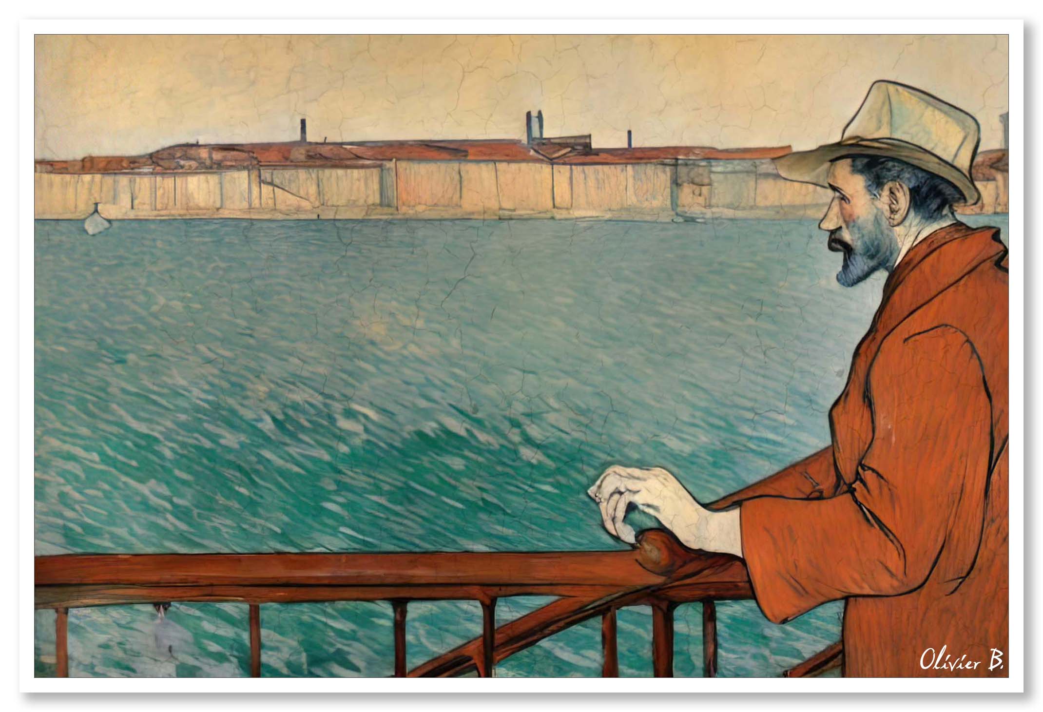 Œuvre 'Le Contemplatif' selon Toulouse-Lautrec : un homme contemplant la mer, une vision inspirée par l'intelligence artificielle