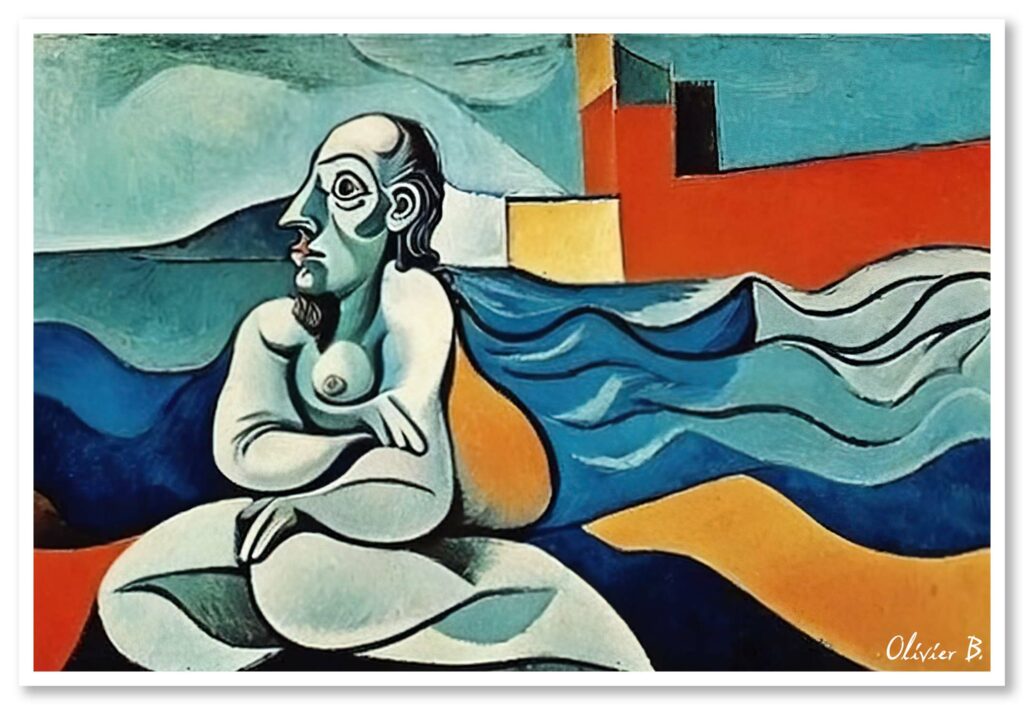 Tableau surréaliste captivant : un homme face à l'océan, inspiré de Picasso et créé avec l'intelligence artificielle.